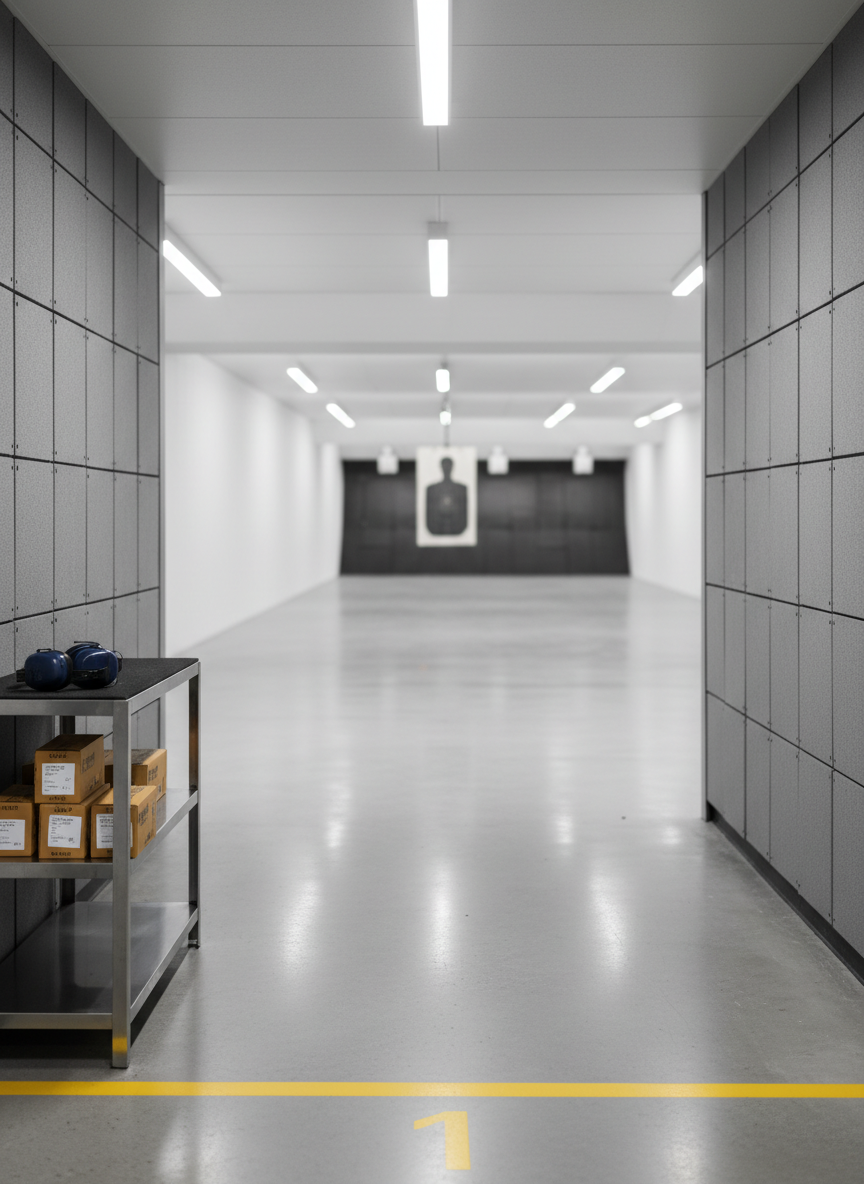 A wide, eye-level photographic realism view of an empty, well-lit indoor firearms training range, featuring a single paper silhouette target suspended at the far end of a polished concrete lane. The shooting booth walls display clean acoustic paneling, with a neatly organized shelf holding labeled ammunition boxes and safety gear. Overhead LED strip lights cast even, neutral white illumination, reducing harsh shadows and providing a clear, professional training environment. The floor markings and lane numbers are sharp in the foreground, gradually leading the viewer’s eye toward the distant target in soft focus. The mood is orderly, disciplined, and focused on safe, structured practice and preparedness.