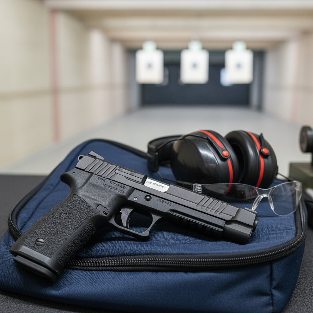 A close-up, photographic realism shot of a high-quality semi-automatic pistol resting on a neatly folded, navy-blue range bag, with a pair of electronic ear muffs and clear safety glasses arranged beside it. The pistol’s matte slide, stippled grip, and engraved safety markings are sharply in focus, showing fine metallic textures and precise machining. Soft side lighting from a nearby window creates gentle highlights along the slide and subtle shadows under the accessories. The background is an out-of-focus indoor range lane with muted targets, producing a calm, controlled training atmosphere. The composition uses shallow depth of field and rule-of-thirds framing for a professional, confident mood.