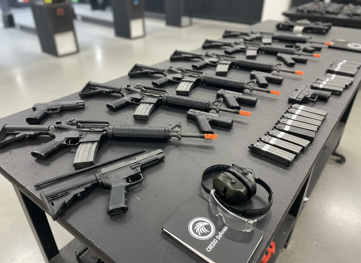 A meticulously arranged display of training firearms laid out on a matte black workbench, each weapon safely cleared with actions open and bright chamber flags visible. The table surface shows subtle wear, with organized rows of labeled magazines, eye and ear protection, and a clean range notebook with the CREDO Defense logo. Overhead, cool, diffused studio lighting creates crisp reflections on oiled metal and polymer textures without harsh glare. The background falls into a gentle photographic blur, revealing only the soft outline of an indoor training bay. Shot from a slightly elevated angle in photographic realism, the composition is clean, professional, and disciplined, emphasizing preparation and safety.