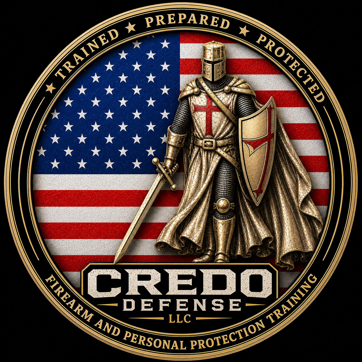 Credo Defense LLC logo with a knight, American flag, and the words "Trained, Prepared, Protected" around the edge.